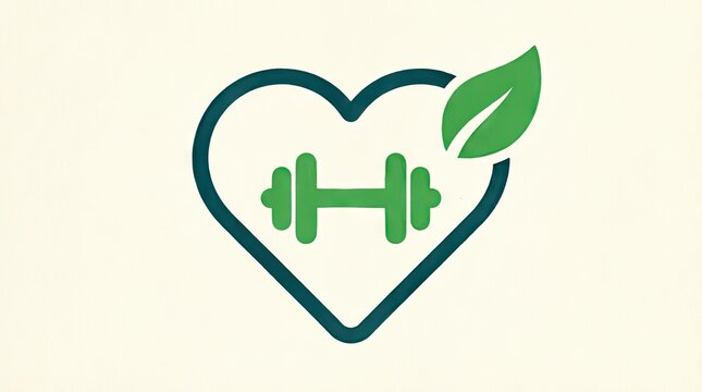 Heart with dumbbell and leaf fitness logo