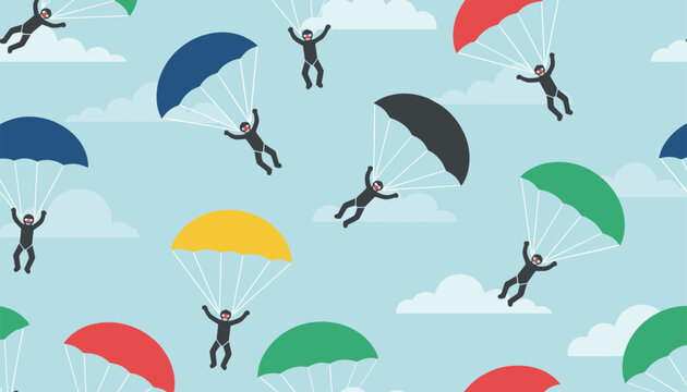 Playful seamless pattern shows skydivers with colorful parachutes floating through fluffy clouds in a blue sky.