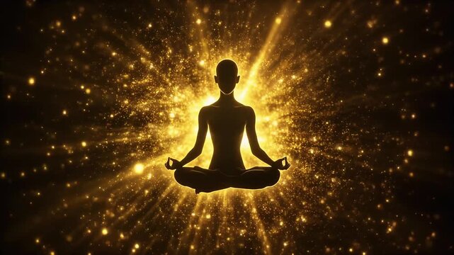Silhouette meditating with glowing golden aura energy field spiritual background
