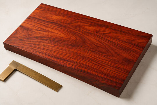 Polished padauk wood slab with brass carpenter's square, bright studio surface, wide crop