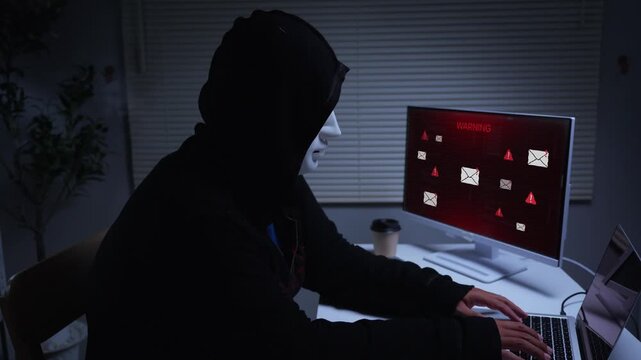 Hacker identity theft concept sitting at computer desk with phishing warning screen for cyber security and internet crime investigation