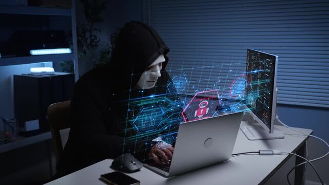 Cybersecurity hacker wearing anonymous mask working on computer code for data privacy protection and digital crime prevention concept
