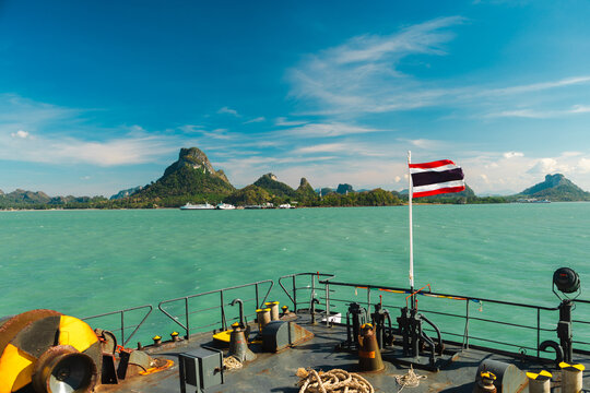 Thai Flag Flying from Ferry Bow Above Turquoise Sea