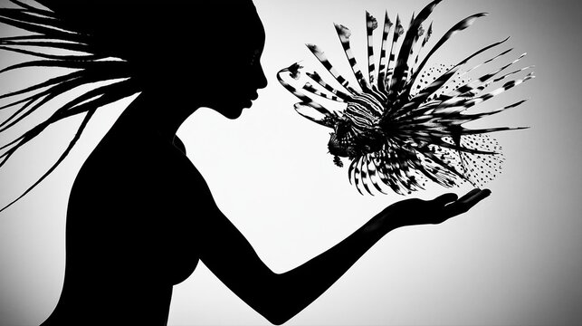 Silhouette of woman holding lionfish