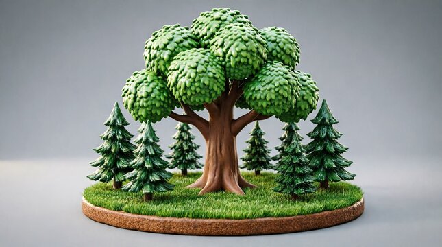 Miniature forest diorama with large tree and pine trees