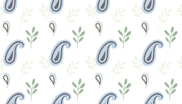Lovely seamless pattern displays delicate blue paisley motifs and green botanical branches on white background.