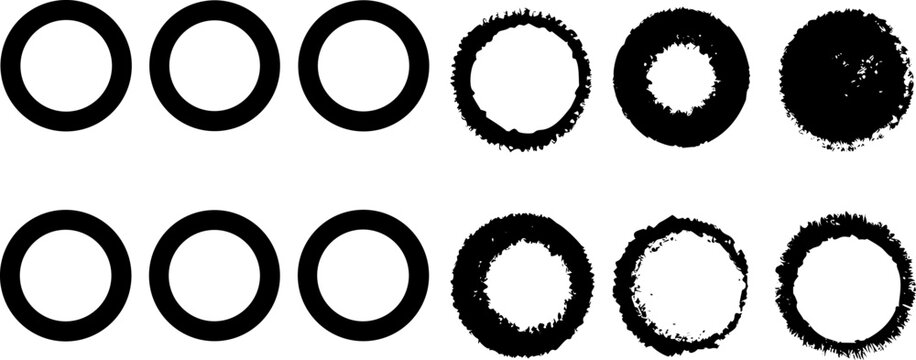 Collection of six smooth black circular outlines and six textured ink rings arranged in two rows on white background