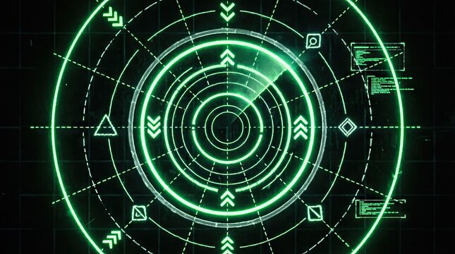Green radar screen with concentric circles and targeting symbols