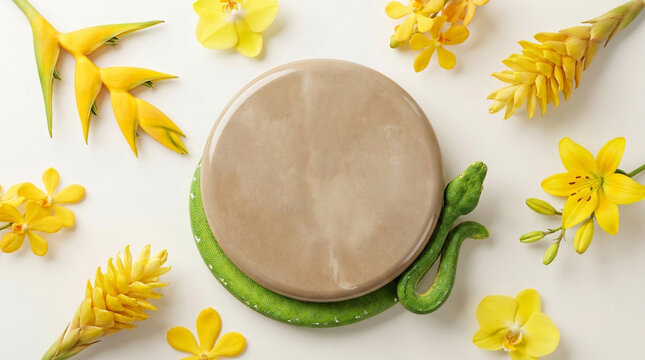 Beautiful top-down flat lay perspective photography of a Warm Beige polished concrete floating pedestal podium surrounded by a green tree python and bright yellow tropical flowers. 