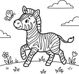 Naklejka premium Cute cartoon zebra walking in a meadow with a butterfly, black and white vector illustration for coloring book