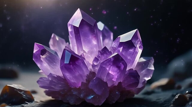 Glowing amethyst crystal rotating slowly with energy particles for healing background