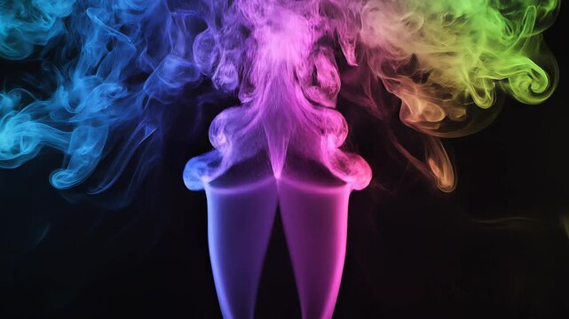 Colorful smoke evolving in dramatic formations with subtle camera movement against black background