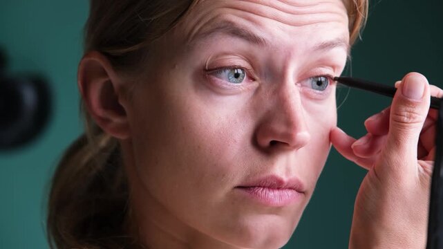 Morning routines. Woman applying black mascara on long eyelashes with a brush