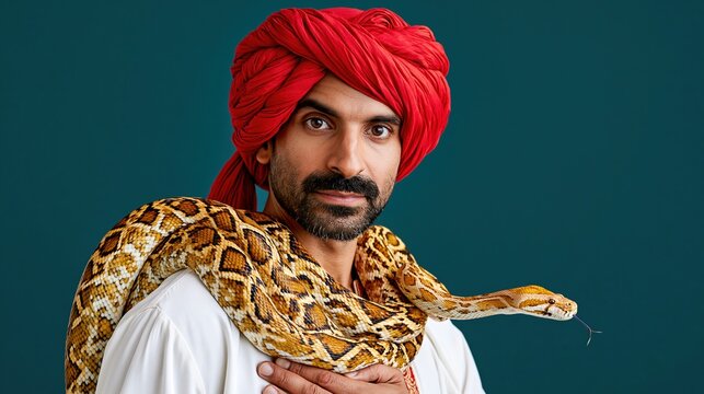 Man wearing red turban with python snake on shoulder