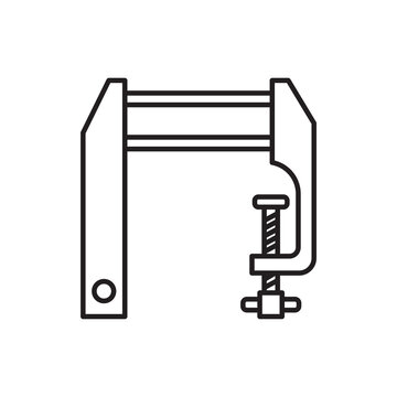 Minimalist line art icon of a tabletop stitching pony screw clamp for securing leather during hand sewing.