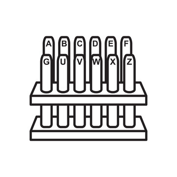 Minimalist line art icon of an alphabet letter stamp punch set organized on a two-tier wooden rack.