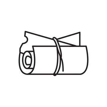 Minimalist line art icon of a rolled scrap leather hide tied with a cord strap.