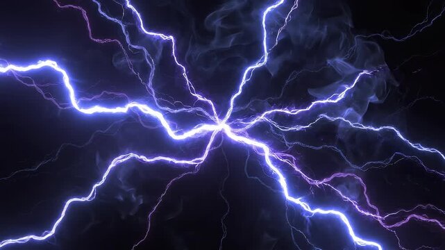 Electric energy arcs in the dark with pulsating purple lightning effects during a storm
