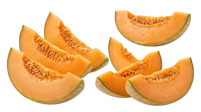 Fresh cantaloupe melon slices isolated on white background for healthy food design.