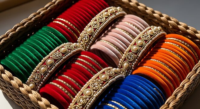 Multicolored velvet bangles and embellished bracelets in woven basket