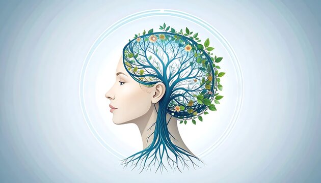 Creative brain illustration with tree and lightbulb concept.