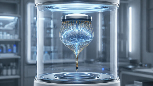 Futuristic Neural Interface Displaying a Glowing Brain Connected by Fine Wires Inside a Glass Research Chamber