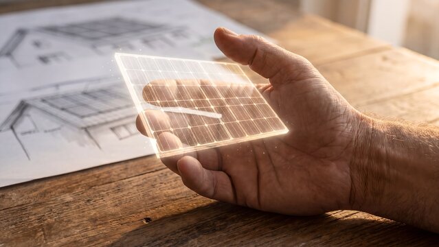 Solar panel renewable energy home installation concept, hand holding glowing solar panel hologram above house sketch blueprint on wooden desk, clean power, green building and ESG energy planning