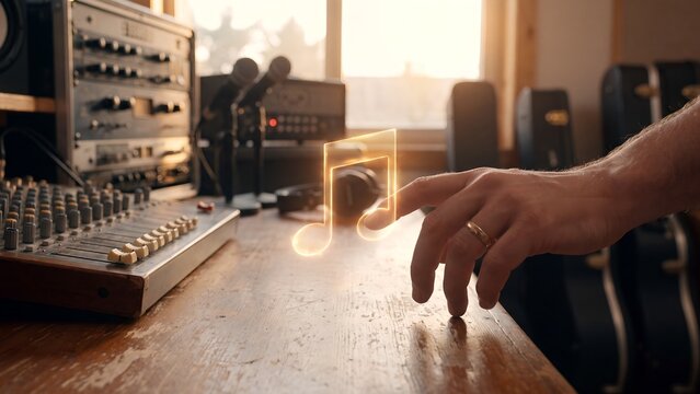 Music production digital audio studio platform, hand touching glowing music note hologram above vintage mixing desk with microphone and speakers, sound recording, media content and creative audio mana