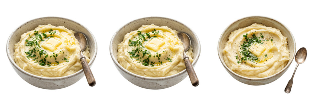 Three bowls of creamy mashed potatoes topped with butter and parsley isolated on a transparent background