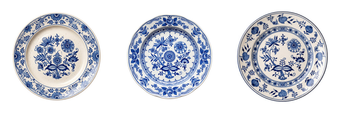 Three blue and white floral patterned ceramic plates arranged horizontally isolated on a transparent background