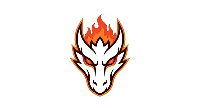 Fierce white dragon head mascot logo with fire flames.