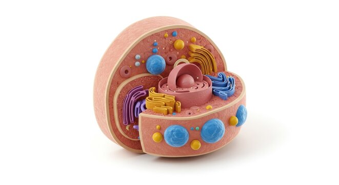 Detailed 3D Rendered Model of a Cross-Sectional Human Cell with Organelles Highlighted