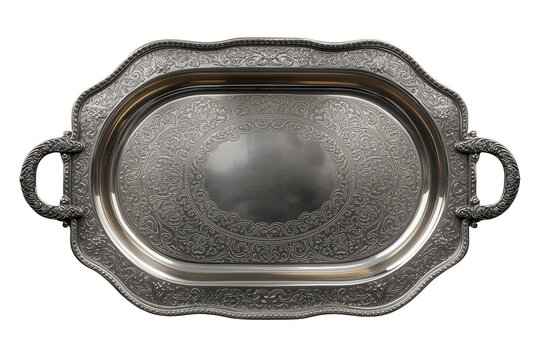 Ornate silver serving tray with side handles
