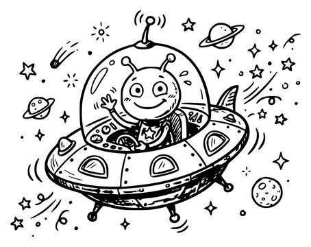Doodle style illustration of a friendly alien in a flying sa 1788238790529 r0rh set with simple line art design featuring sketches, drawings, vector graphics with minimalist and simple illustrations