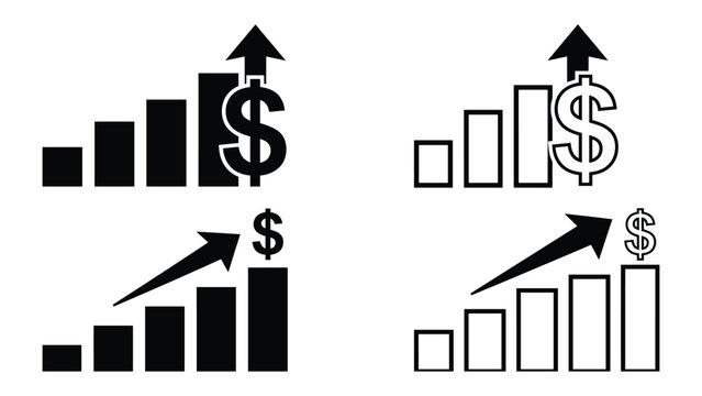 Dollar rate increase icon set for rising costs, cash growth, inflation, finance, business and money trends.