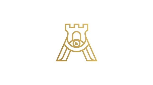 Golden pyramid letter A with castle and eye