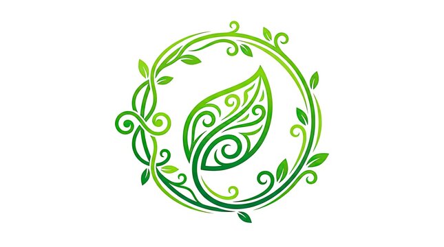 Green leaf logo inside circular decorative vine frame