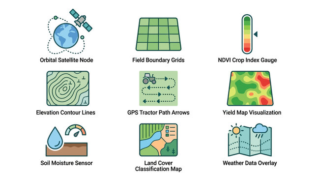 A technical flat vector icon set illustrating orbital satellites, field boundary grids, NDVI crop gauges, and GPS tractor paths for satellite field mapping, agricultural GIS spatial data, and precisio