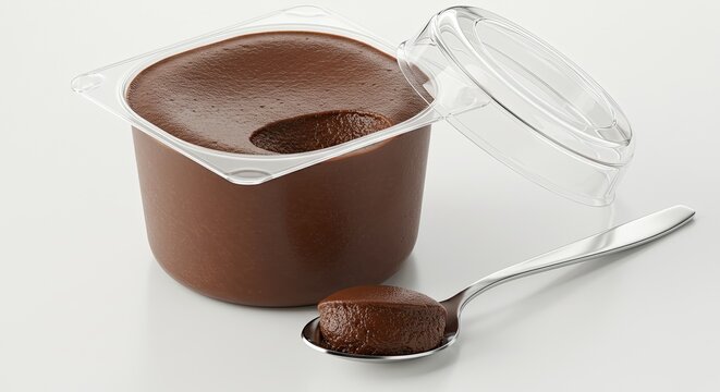 Fresh chocolate pudding in clear container with spoon showing creamy texture
