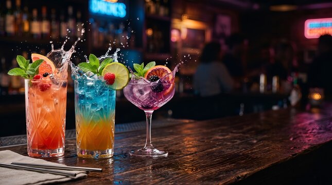 Vibrant colorful splashing fruit cocktails on a rustic wooden bar counter.