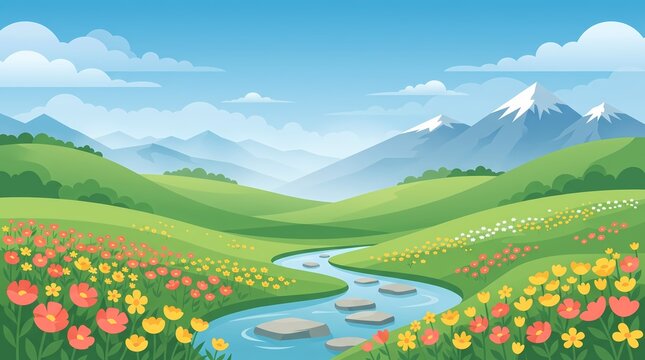 Flat vector mountain landscape with winding river. Scenic summer meadow with wildflowers and snow-capped peaks. Idyllic nature background.