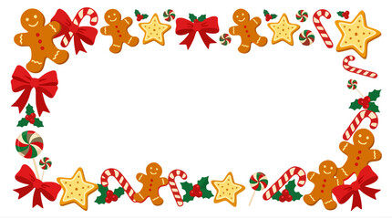 Fototapeta premium Cute Christmas gingerbread candy vector frame border with red ribbon bow and sweets