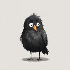 Naklejka premium Cute fluffy black bird illustration with funny googly eyes, standing on tiny feet in a whimsical cartoon art style