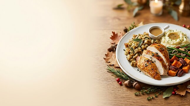 Traditional roasted turkey dinner plate served with stuffing potatoes and green beans for a festive holiday celebration