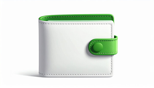White and Green Wallet with Snap Closure on White Background