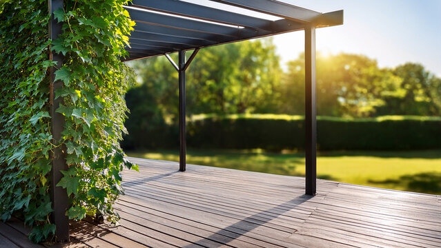 Modern black pergola corner with vines and blurred luxury terrace background banner.