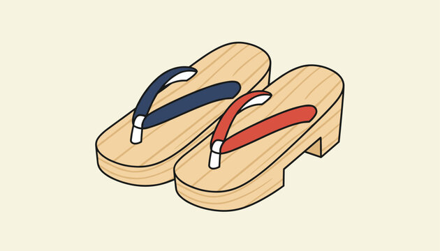 Pair of traditional wooden Japanese geta sandals with navy blue and red straps is drawn in a simple isometric perspective.