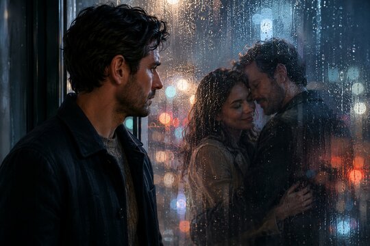 Sad Man Watching Couple Embrace Behind Rainy Window Glass