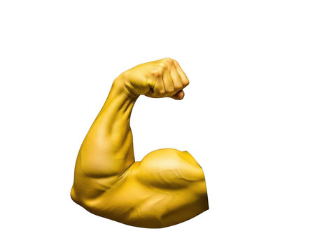 A strong yellow muscular arm showing a bicep muscle flex gesture isolated on transparent background