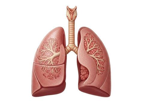 Anatomy illustration of human lungs with bronchi and trachea for medical study isolated on transparent background